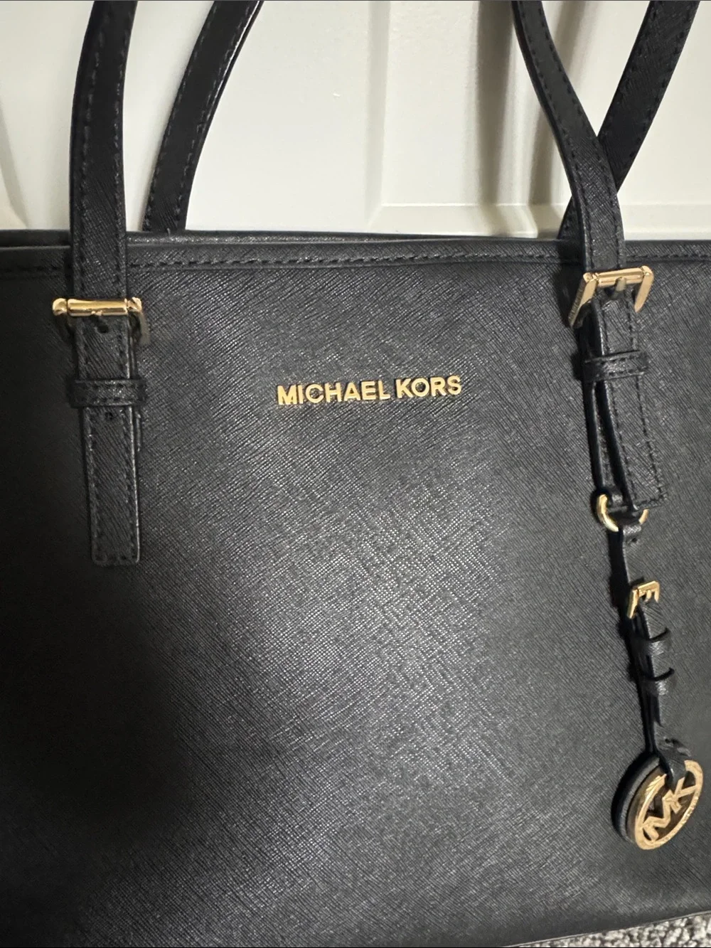 Michael Kors Black Leather Tote with Gold Logo Charm